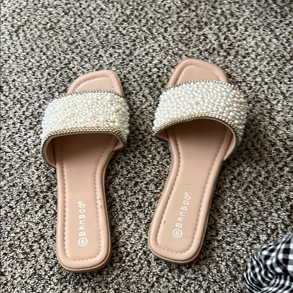 BAMBOO Cream Woven Flat Sandals
